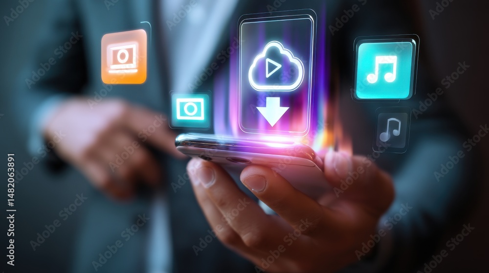Poster hands interacting with a futuristic mobile interface featuring glowing app icons for streaming music
