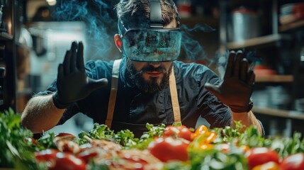 Chef with Virtual Reality Glasses Prepares Fresh Vegetables in Kitchen