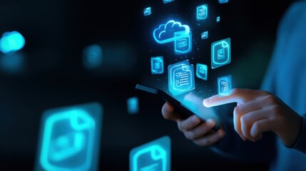A person s hand holding a smartphone displaying a virtual interface with various cloud computing data storage and digital communication icons and symbols in a dark high tech environment