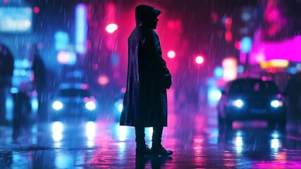 ネオン輝く雨の夜のシルエット - Powered by Adobe