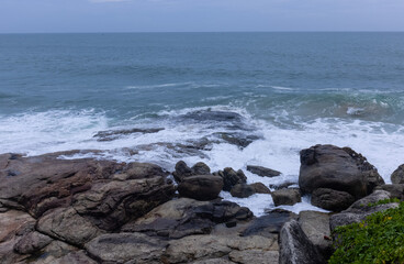 Beach landscape, Beautiful arial view of beach with sea waves and coconut trees. Nature scenery. 