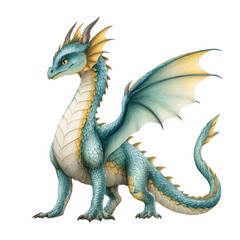A beautiful turquoise and gold baby dragon stands tall on a white background.