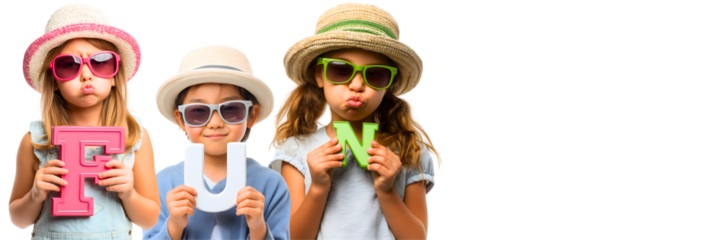 3 cute kids holding FUN sign; summer children in sunglasses and hat friendly object advertising isolated over white (transparent) background