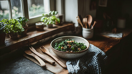 Rustic kitchen scene featuring a bowl of kale salad, wooden utensils, and potted plants on a windowsill.  A cozy and healthy meal preparation.
