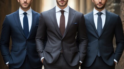 Three men stand side-by-side, wearing suits with ties and white shirts. Showcasing professional teamwork, success, or a unified business front.