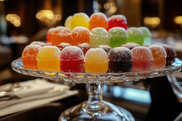 An assortment of sugar-dusted fruit jellies in various flavors is beautifully arranged on a glass platter in an upscale dining setting. Soft lighting enhances the elegant atmosphere