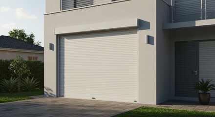 Modern House Exterior White Garage Door 3D Illustration