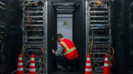 Technician in safety vest working on server maintenance in data center with cables and equipment