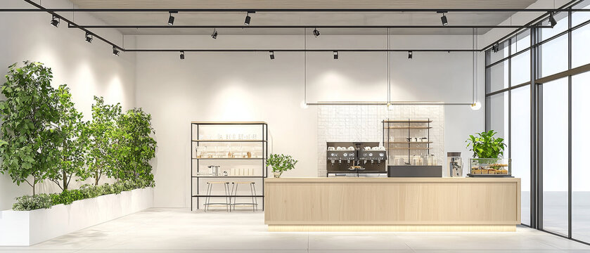 Modern cafe interior: minimalist design, wood counter, greenery