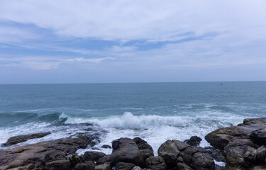 Beach landscape, Beautiful arial view of beach with sea waves and coconut trees. Nature scenery. 