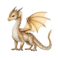 Fototapeta premium Watercolor beige dragon stands with wings on a white isolated background.