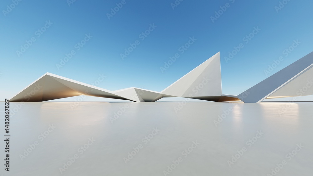 Poster 3d render of abstract modern geometry architecture with empty cement floor, minimal exterior, car pr