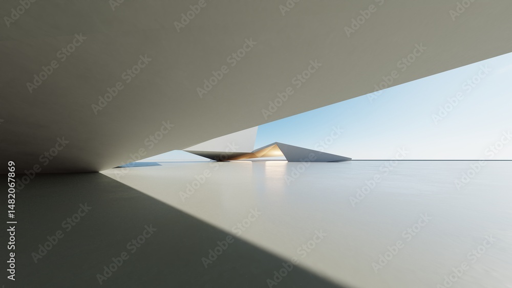 Aufkleber 3d render of abstract modern geometry architecture with empty cement floor, minimal exterior, car presentation background