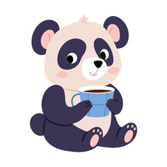 Fototapeta premium Cute cartoon panda bear sitting and holding a blue cup of hot drink. Adorable animal character in flat