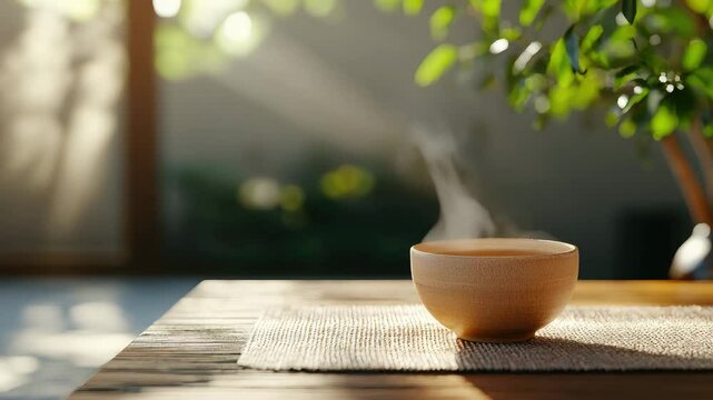 Tranquil Morning Setup with Wooden Bowl on Table with Natural Light