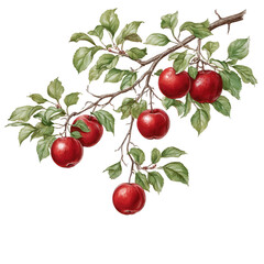 A branch holds ripe red s hanging with leaves against white background.