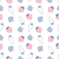 Seamless pattern with hand-drawn pink, white, and blue strawberries in a minimalist cartoon style.