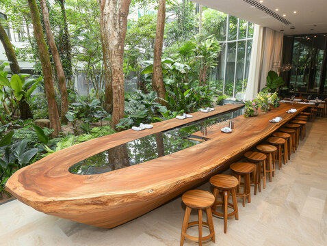 Massive live-edge wood table with built-in bar, surrounded by stools, in a lush garden setting