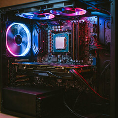 Fototapeta premium Motherboard, CPU Cooler, RAM, and Graphics Card Inside PC