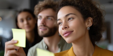 Obraz premium Diverse group of young adults collaborating with sticky notes in office