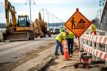 Road construction workers repair a street as heavy machinery and warning signs mark the work zone.