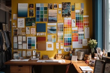 Obraz premium Creative workspace with color swatches and design inspiration on walls.