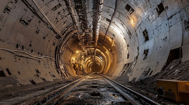 The tunnel boring machine advances through a tunnel, with debris being removed and new tunnel linings installedv