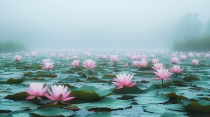 Misty pond filled with numerous pink lotus flowers.