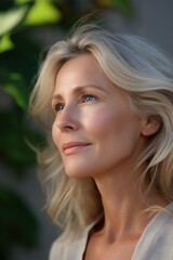 Naklejka premium Mature caucasian female with blonde hair in sunlit outdoor setting