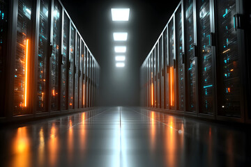 Network infrastructure with server racks and glowing lights offering data security
