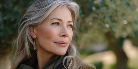 Fototapeta premium Elegant mature caucasian female enjoying nature outdoors