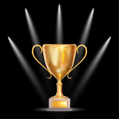 3d realistic golden trophy cup with white light beams. Stock vector illustration on black isolated background.
