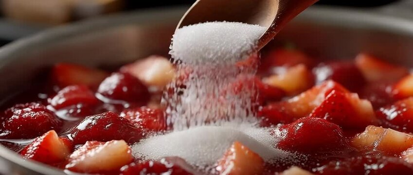 Close-up of adding sugar to a delicious compot in a pot on the stove