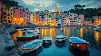 Colorful sunset over portovenere harbor with boats and historic buildings reflected in water