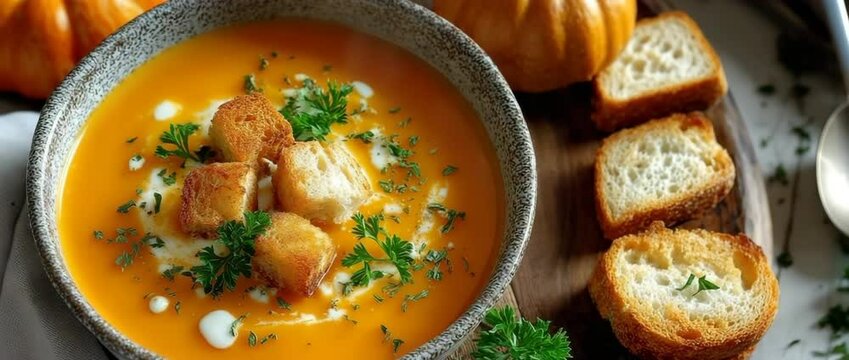Delectable pumpkin cream soup on a white table, flat laid out with croutons, parsley, and other elements