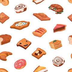 Repeatable pattern of fresh bakery, tasty pastry, baked goods, flour desserts, delicious food. Endless background of croissants, flaky buns, donuts, cheesecakes. Flat seamless vector illustration