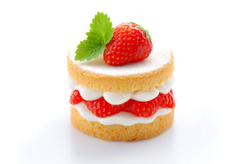 Strawberry shortcake with whipped cream and decorated strawberry isolated on white background	