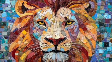 Colorful Mosaic Art of a Lion’s Face in Abstract Style