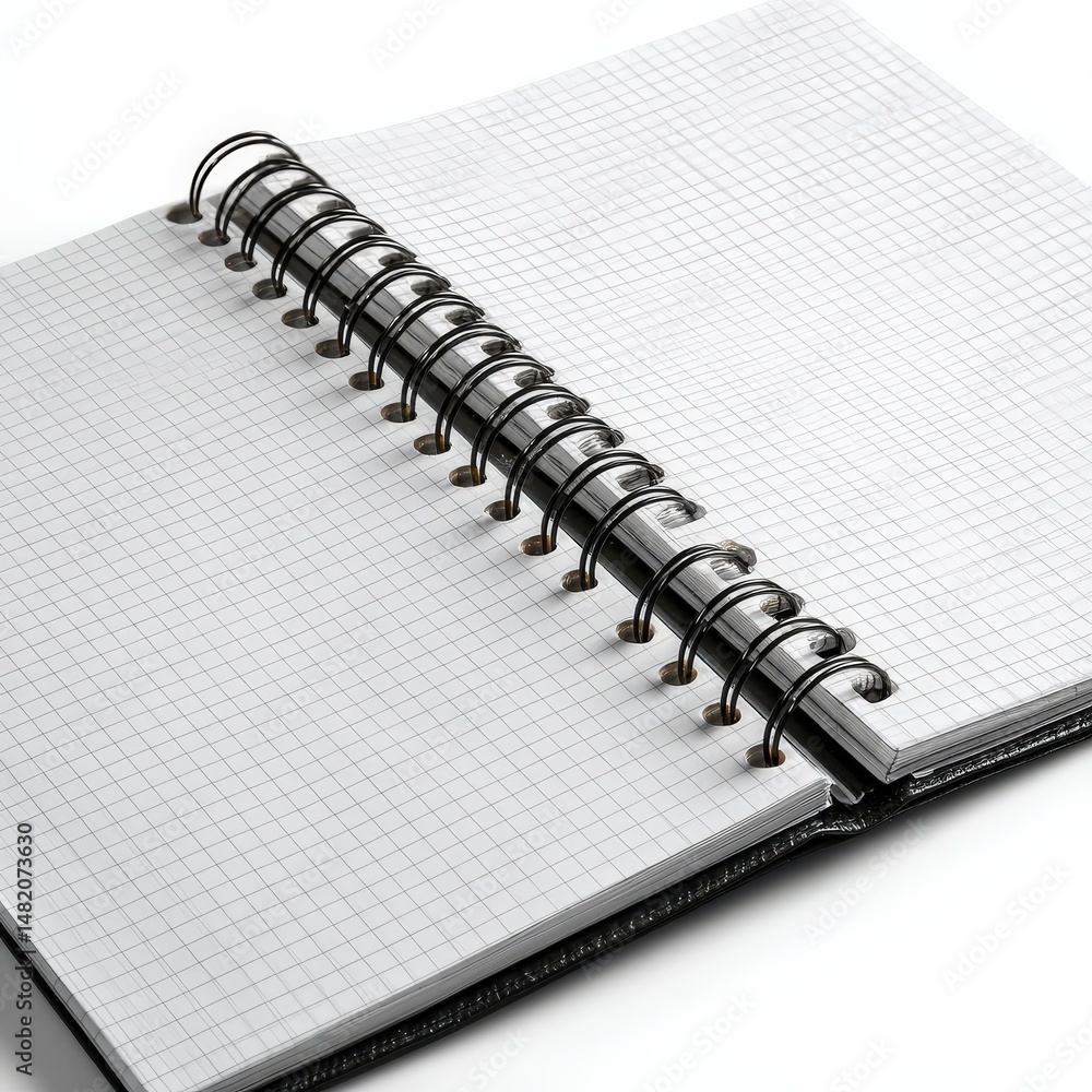 Poster open spiral notebook with grid pages for writing or drawing.