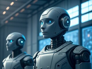 3d rendering humanoid robot looking at the camera in a futuristic space