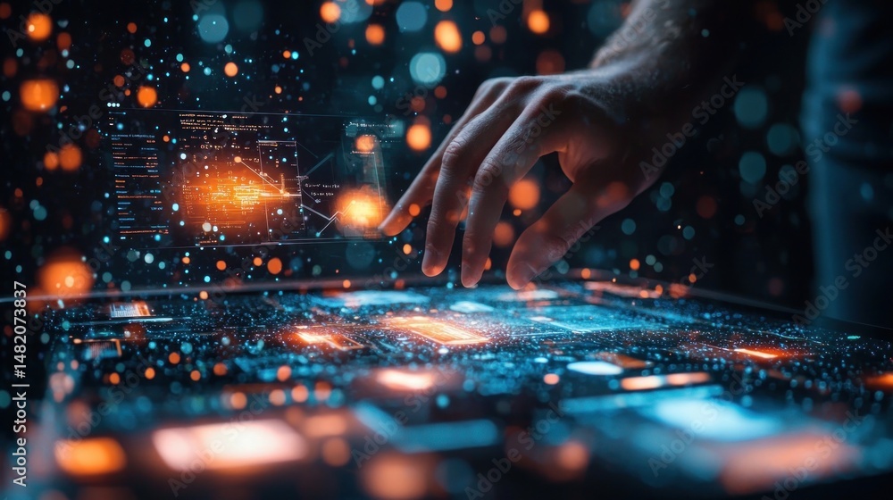 Poster futuristic interface with hand interaction and digital elements