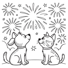 Dog and Cat Watching Fireworks – 4th of July Pet Coloring Page