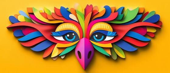 Colorful, layered paper artwork of an owl or avian mask, eyes, beak, and feather details