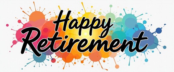 Vector illustration of Happy Retirement text banner with colorful splash isolated on white background.