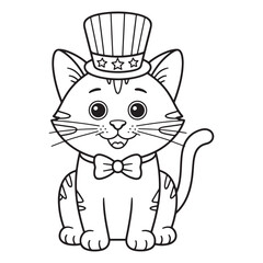 Cute Cat in Patriotic Hat and Bow Tie Coloring Page for Independence Day