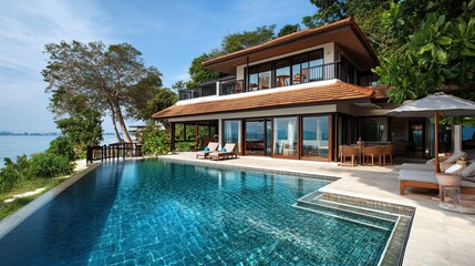 Fototapeta premium A luxury beach house with a sea view, swimming pool, and terrace.