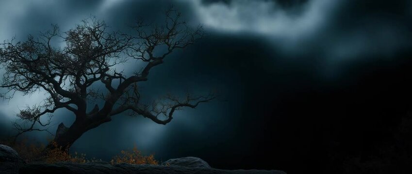 Halloween backdrop with a spooky dead tree silhouette at night under a full moon