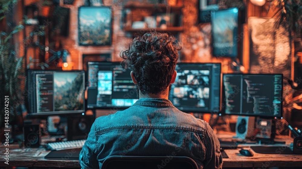Poster focused individual working on multiple monitors in creative space