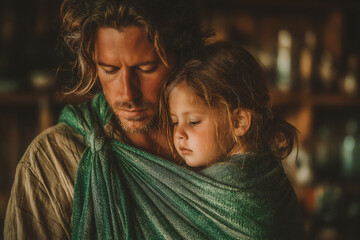 warm and tender indoor snapshot of a father wearing an apron carrying his baby in a carrier while gently preparing food in the kitchen, soft morning light,