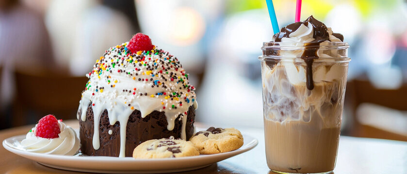 Chocolate cupcake with sprinkles, whipped cream, and cookies; iced coffee with whipped cream and chocolate drizzle